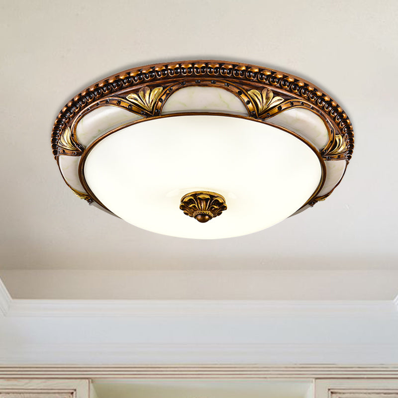 14"/16"/19.5" W LED Ceiling Lamp Traditional Floral Cream Glass Flush Mount Light Fixture in Brass