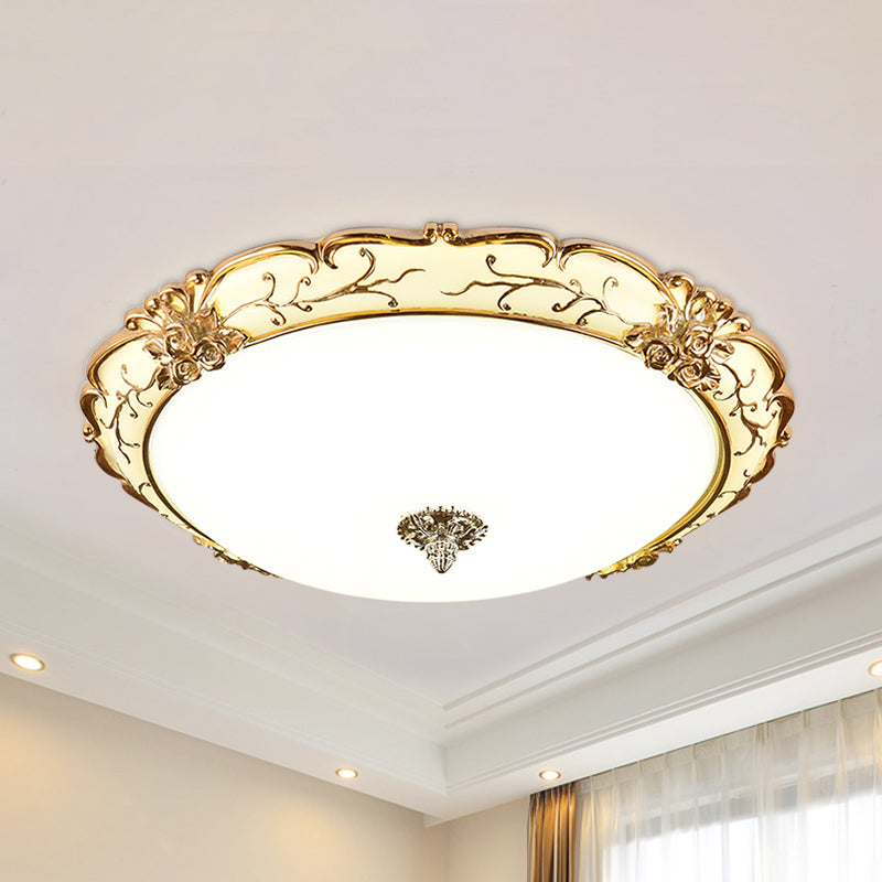 Scroll bloemenversiering opaalglas inbouw vintage slaapkamer 14"/16"/19,5" brede LED-plafondlamp in messing