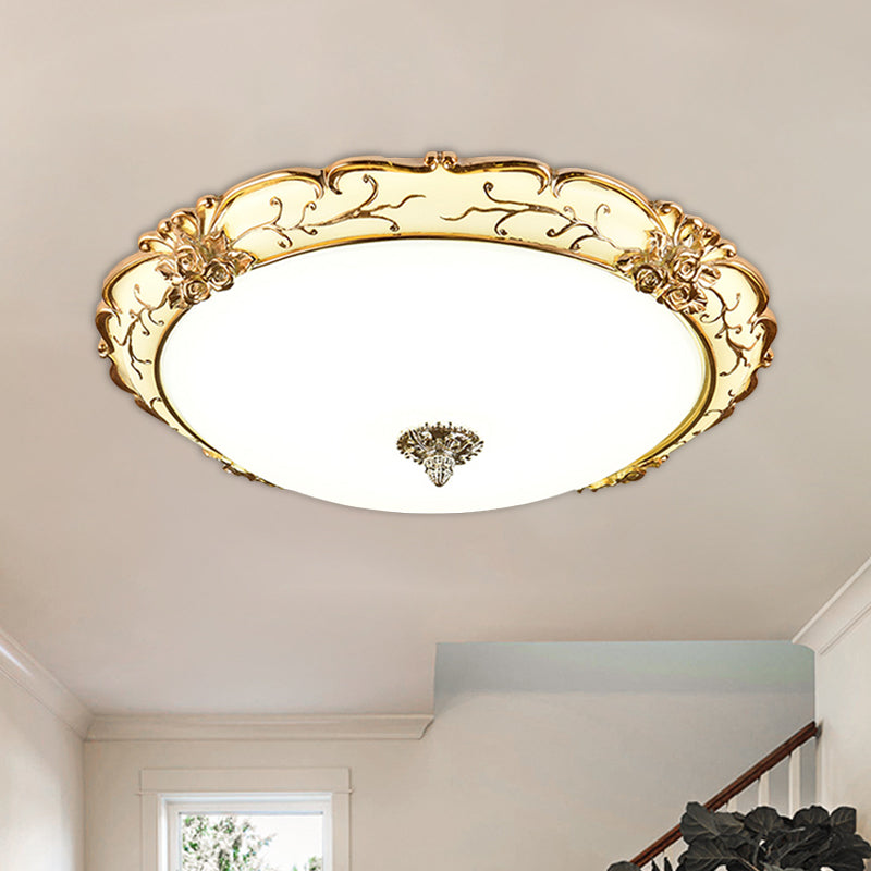 Scroll bloemenversiering opaalglas inbouw vintage slaapkamer 14"/16"/19,5" brede LED-plafondlamp in messing