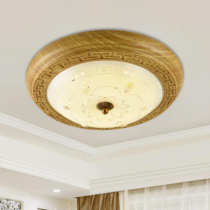Plafonnier LED en bois avec abat-jour en forme de dôme en verre, simple cercle jaune-marron, 14"/19,5" de largeur