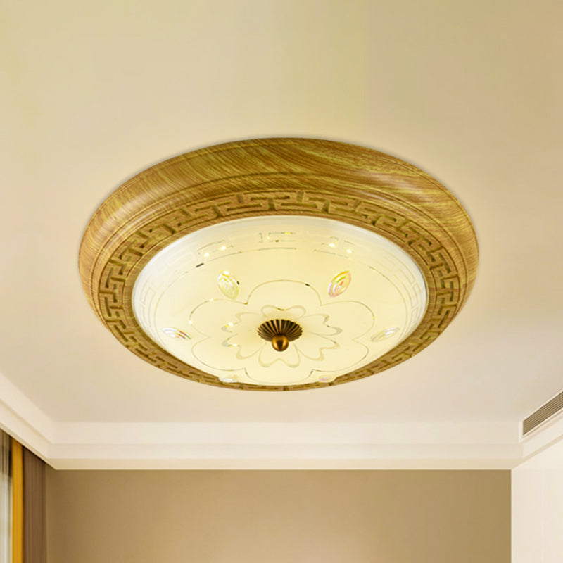 Plafonnier LED en bois avec abat-jour en forme de dôme en verre, simple cercle jaune-marron, 14"/19,5" de largeur