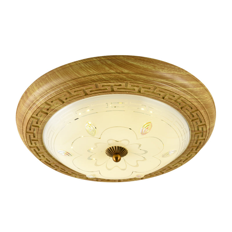 Plafonnier LED en bois avec abat-jour en forme de dôme en verre, simple cercle jaune-marron, 14"/19,5" de largeur