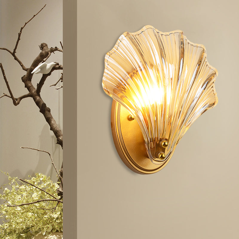 Lampada da parete a guscio a guscio singolo stile country in stile nero/oro fochi di illuminazione in vetro a costola