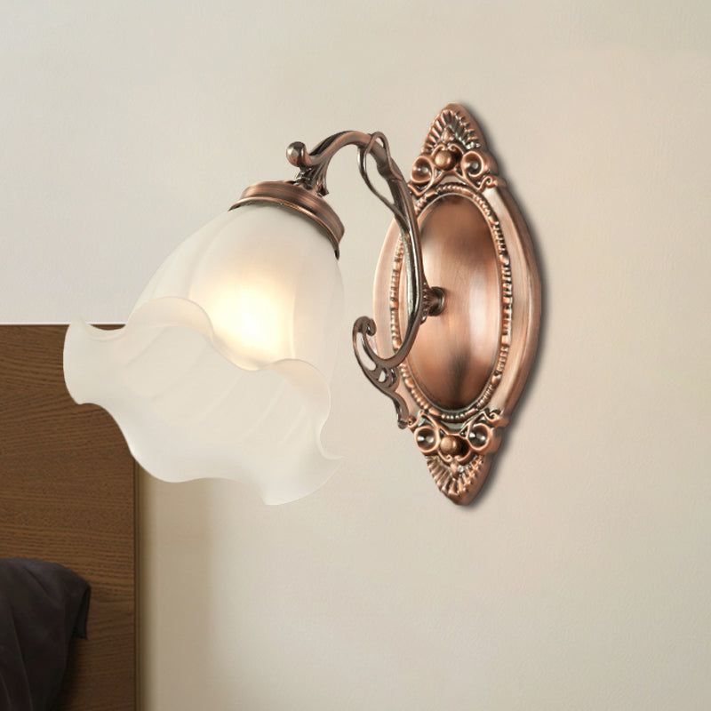 Frosted White Glass Ruffle Sconce Light Traditional 1/2-Head Corner Wall Mount Light in Bronze/Copper