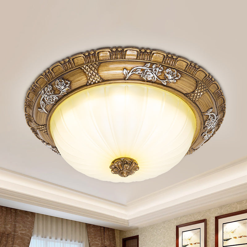 LED Ceiling Mounted Light with Bowl Shade Tan Glass Traditional Bedroom Flush Lamp in Brown, 14"/16"/19.5" Width