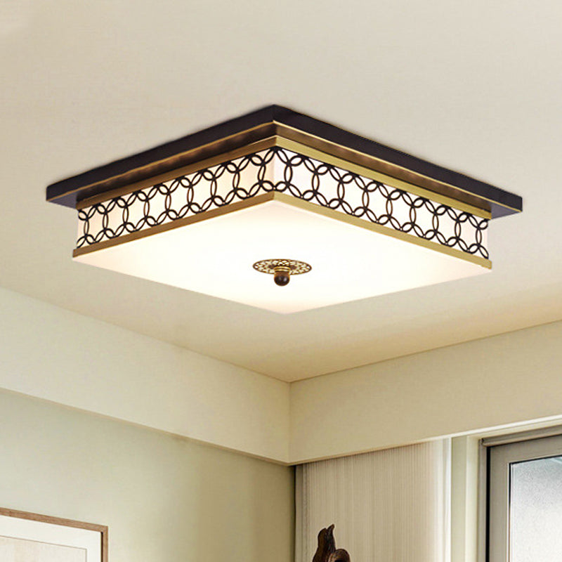 Milchiges Glas quadratisches Flush Licht Traditionelle LED Salon Deckenbefestigung in Schwarz und Gold