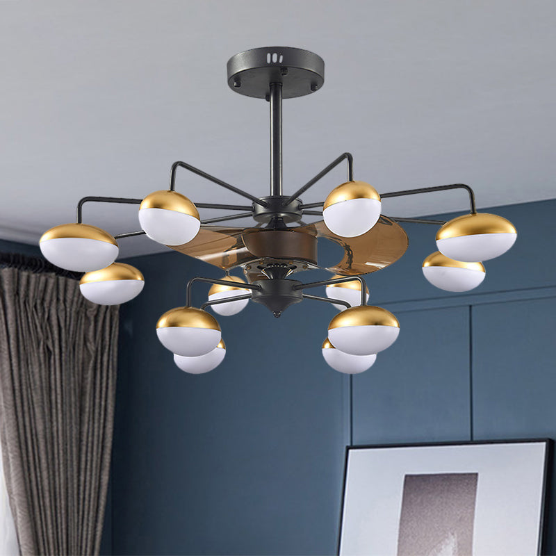 Schwarzer Eierform Hanging Lüfter Lampe Moderne 12 Köpfe Acryl-Halbmontage-Beleuchtung mit 3 braunen Klingen, 37,5 "W.