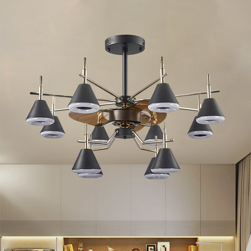 25.5 "brede kegel semi-spoelmontage Modernistische metalen metallic 12-lichte zwarte 3-blade hanglamp ventilatorlamp
