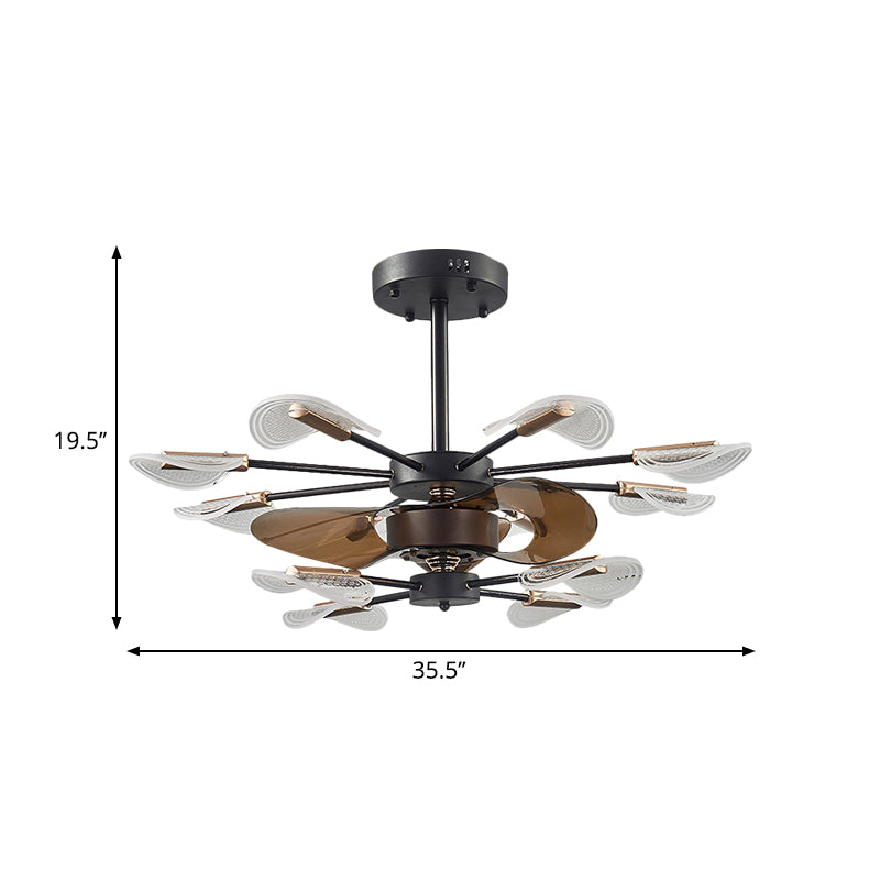 Modern Cattail Leaf Semi Flush Lighting Acryl 10 Lights Slaapkamer 3-blade ventilatorlamp in het zwart, 35,5 "breed