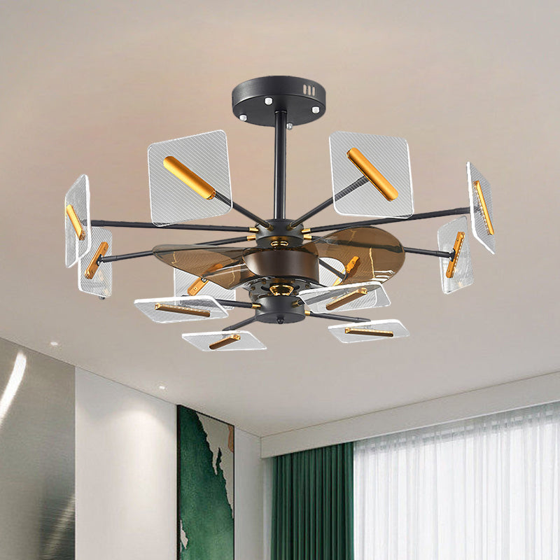 Vierkante paneel hanger ventilator licht modernistische acryl 12 lampen zwart en gouden semi -spoellamp met 3 bruine messen, 34 "w