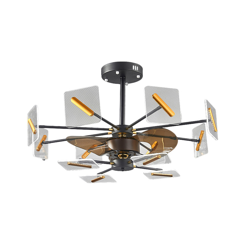 Vierkante paneel hanger ventilator licht modernistische acryl 12 lampen zwart en gouden semi -spoellamp met 3 bruine messen, 34 "w