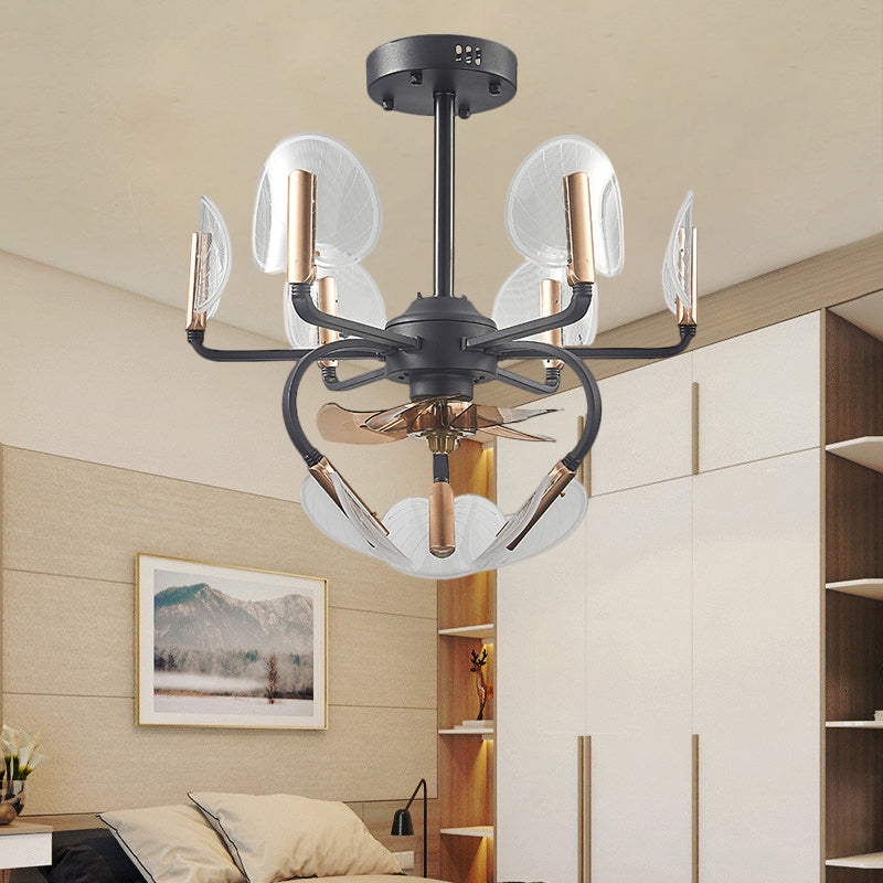3 Blades Cattail Leaf Vorm Pendant ventilator Licht Modernisme Acryl Acryl 23,5 "Wide 9 Heads Black Semi Flush Mount