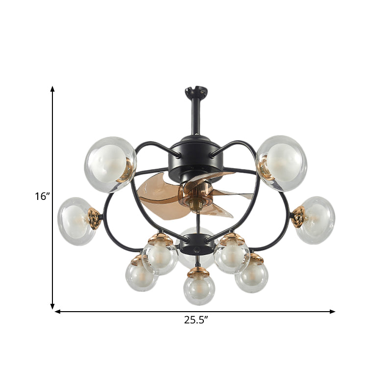 25,5 "w modernismo sfera semi -filo vetro trasparente 10 lampadine telaio per ventola in nero, 4 lame