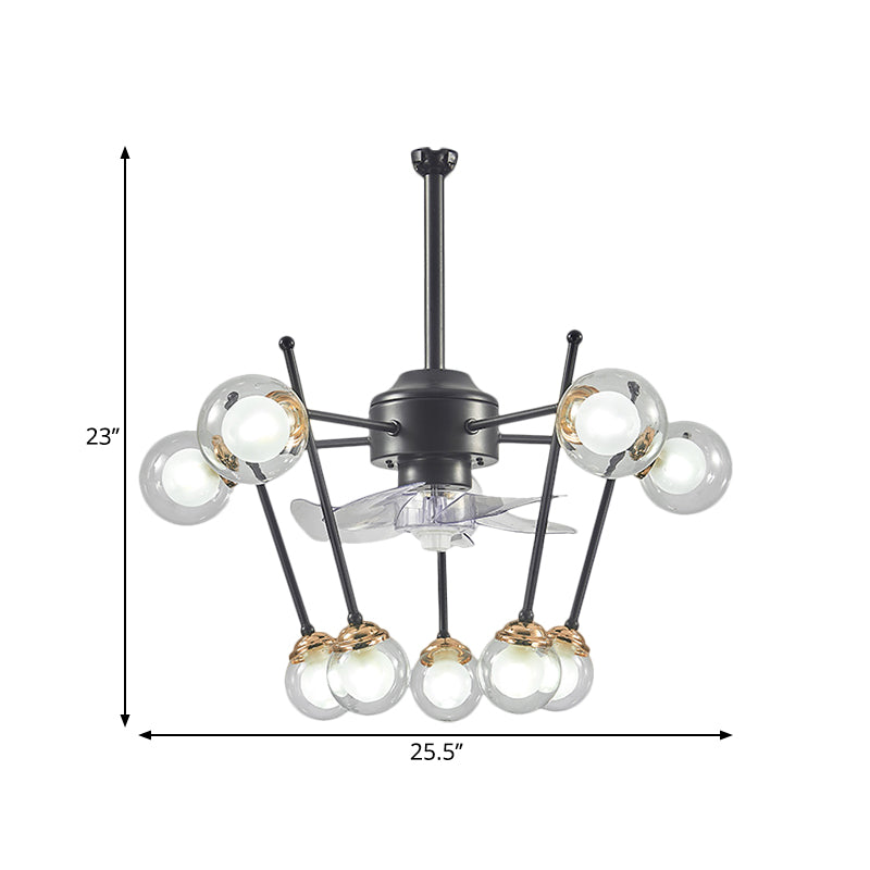 Sphere Parlor Hangende ventilator Licht helder glas 10 koppen 25,5 "Breedte Modernisme 4-Blade semi-flush in zwart