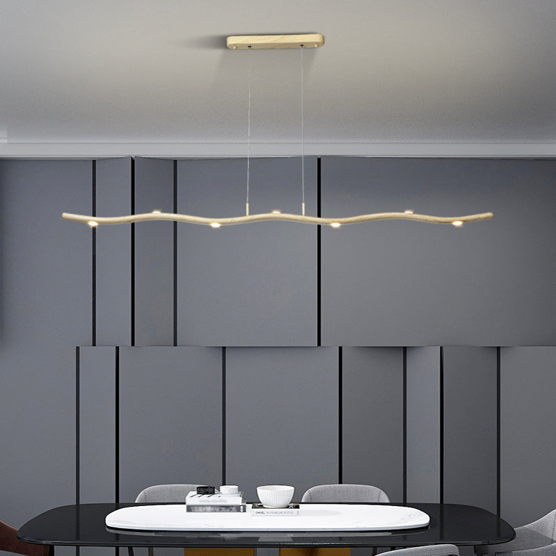 Gold/Wood Waving Line Suspension Light Simple LED Metallic Ceiling Chandelier in Warm/White Light