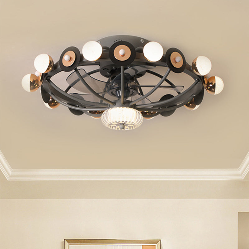 Oval Cage Metallic Pendant Fan Lamp Modernist 25.5" W 11 Heads White/Grey/Coffee Semi Flushmount, 4 Blades