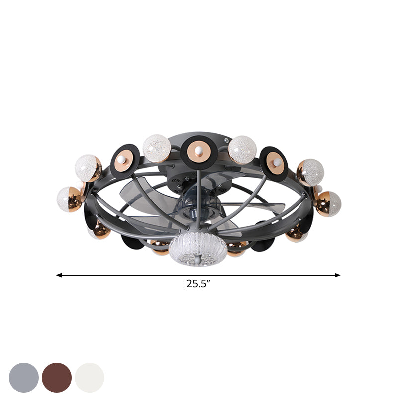 Oval Cage Metallic Pendant Fan Lamp Modernist 25.5" W 11 Heads White/Grey/Coffee Semi Flushmount, 4 Blades