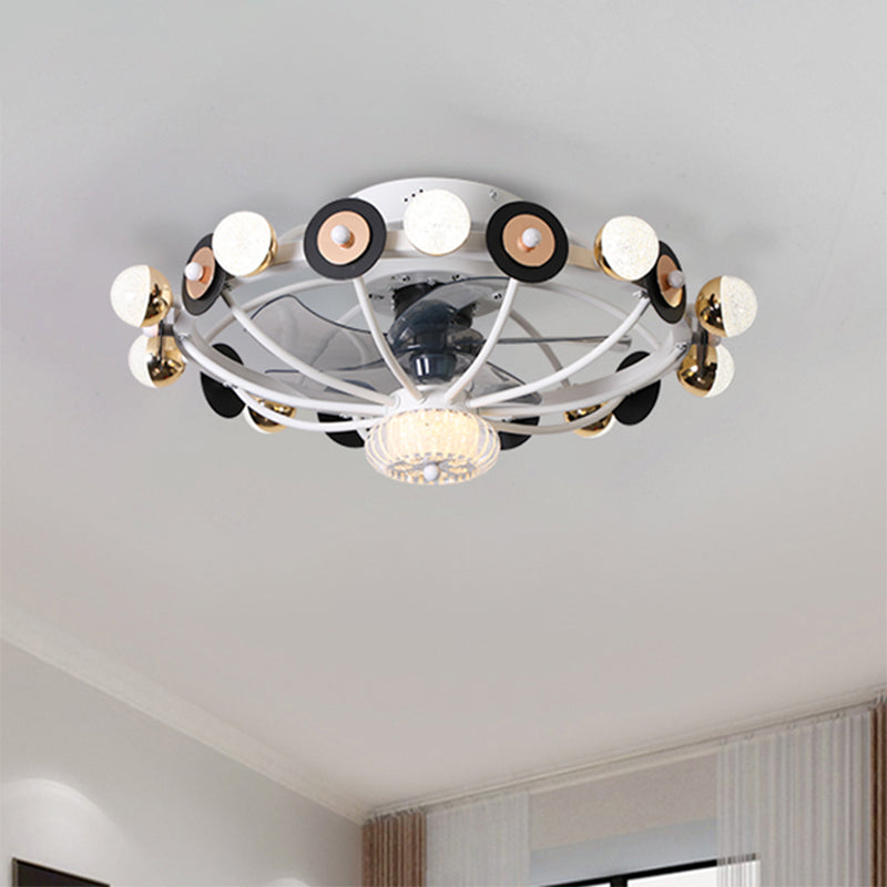 Oval Cage Metallic Pendant Fan Lamp Modernist 25.5" W 11 Heads White/Grey/Coffee Semi Flushmount, 4 Blades