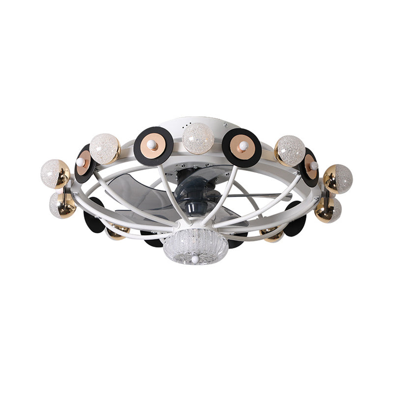 Oval Cage Metallic Pendant Fan Lamp Modernist 25.5" W 11 Heads White/Grey/Coffee Semi Flushmount, 4 Blades
