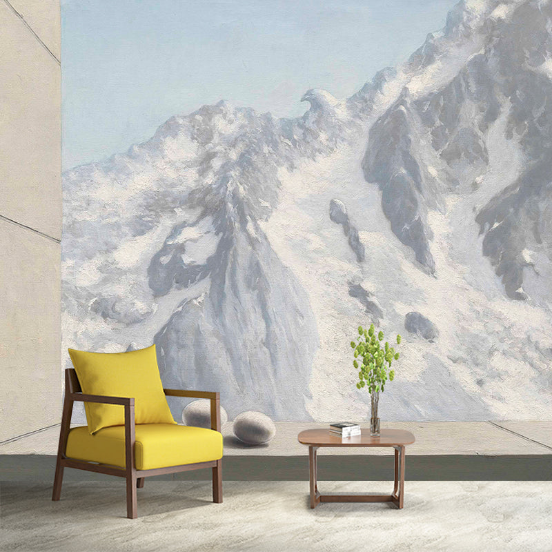 Grey-White Snow Mountain Mural Wallpaper Stain Resistant Wall Art for Living Room