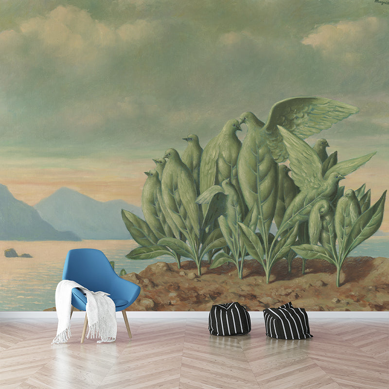 Art Bird Plant Island Mural Surreal Non-Woven Material Wall Covering in Grey-Green
