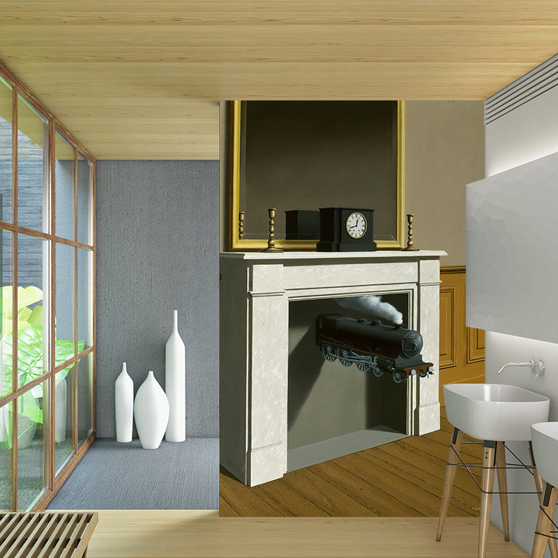 Whole Surrealism Style Wall Murals Yellow-Brown Steam Train Break out of Fireplace Wall Decor, Custom Print
