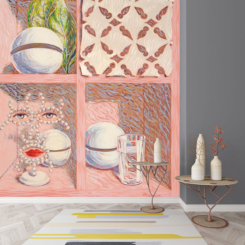 Pink Storage Case Murals Wallpaper Stain-Resistant Wall Covering for Living Room