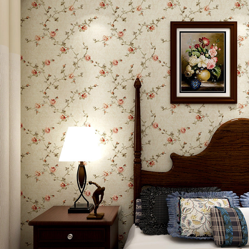 Country Peony Wallpaper Roll Light-Green Water Resistant Wall Covering for Bedroom
