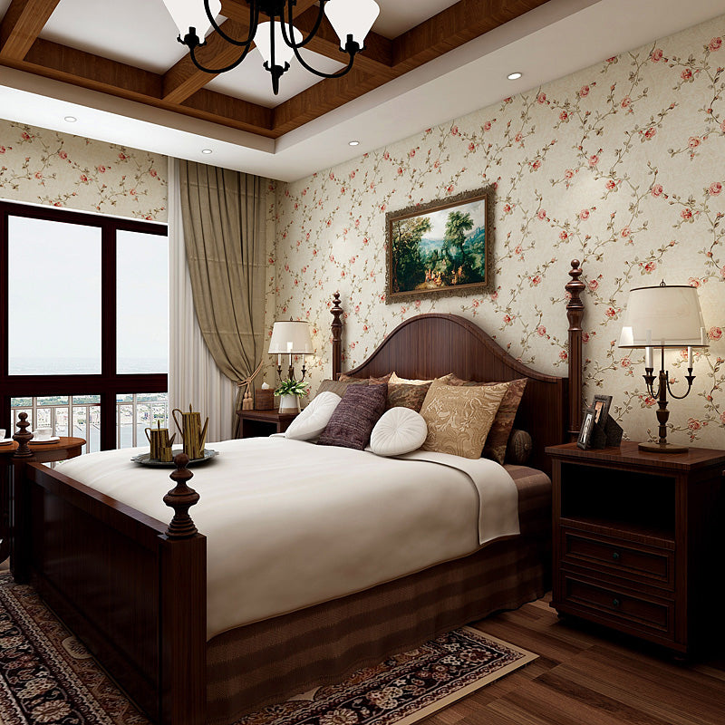 Country Peony Wallpaper Roll Light-Green Water Resistant Wall Covering for Bedroom