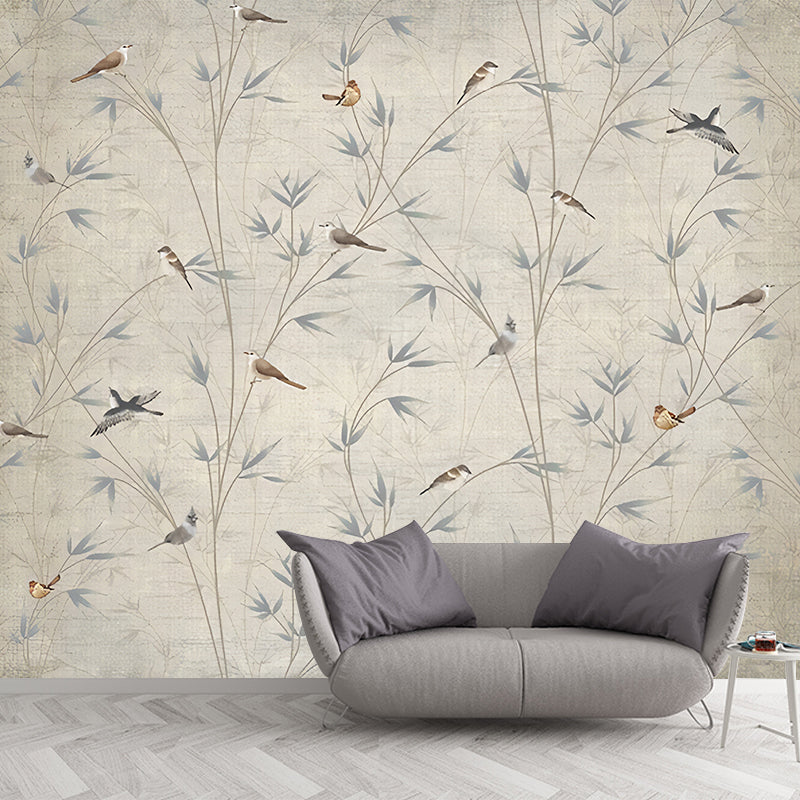 Custom Illustration Chinese Mural Decal with Bird on Bamboo Branch Pattern in Grey-Light Yellow