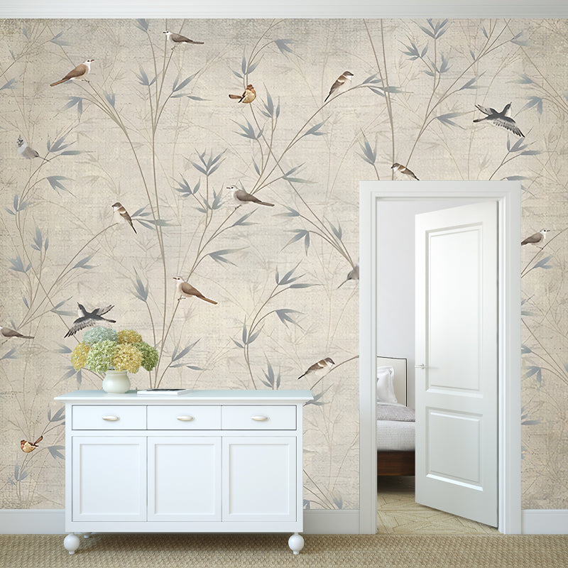 Custom Illustration Chinese Mural Decal with Bird on Bamboo Branch Pattern in Grey-Light Yellow