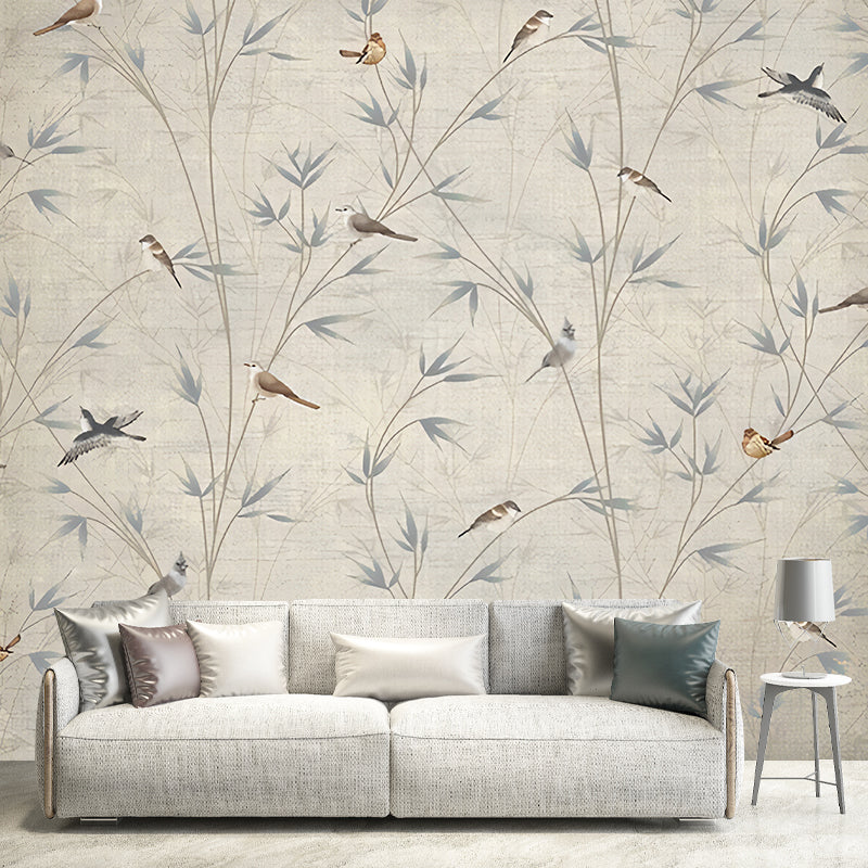 Custom Illustration Chinese Mural Decal with Bird on Bamboo Branch Pattern in Grey-Light Yellow
