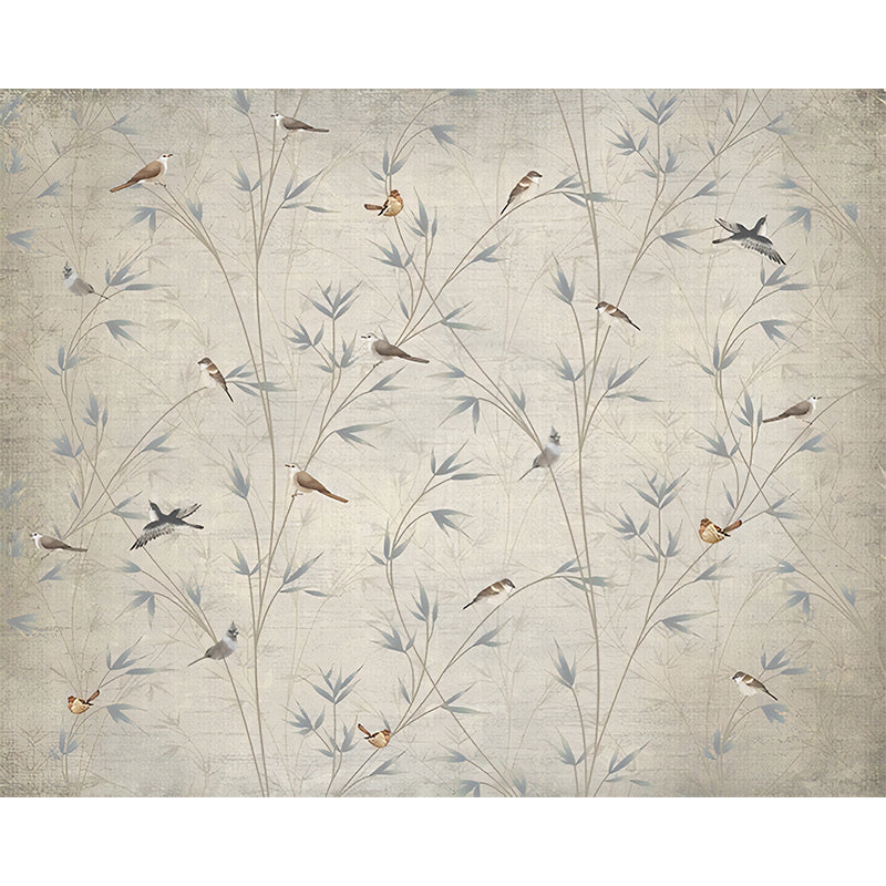 Custom Illustration Chinese Mural Decal with Bird on Bamboo Branch Pattern in Grey-Light Yellow