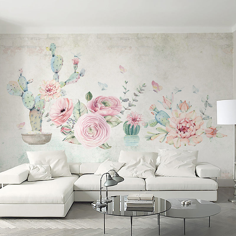 Tropix Cactus and Peony Murals Pink-Blue Stain-Resistant Wall Art for Living Room