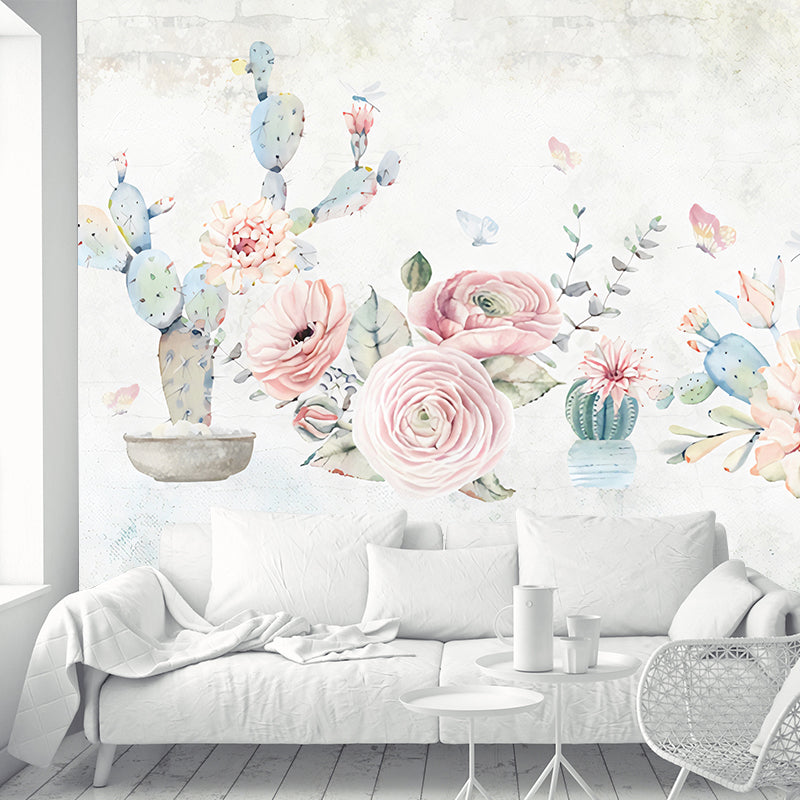 Tropix Cactus and Peony Murals Pink-Blue Stain-Resistant Wall Art for Living Room