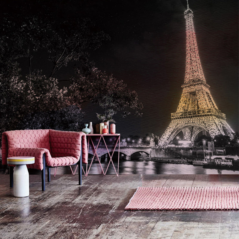 Whole Night City Wallpaper Murals for Living Room Eiffel Tower Wall Decor in Black, Stain Resistant