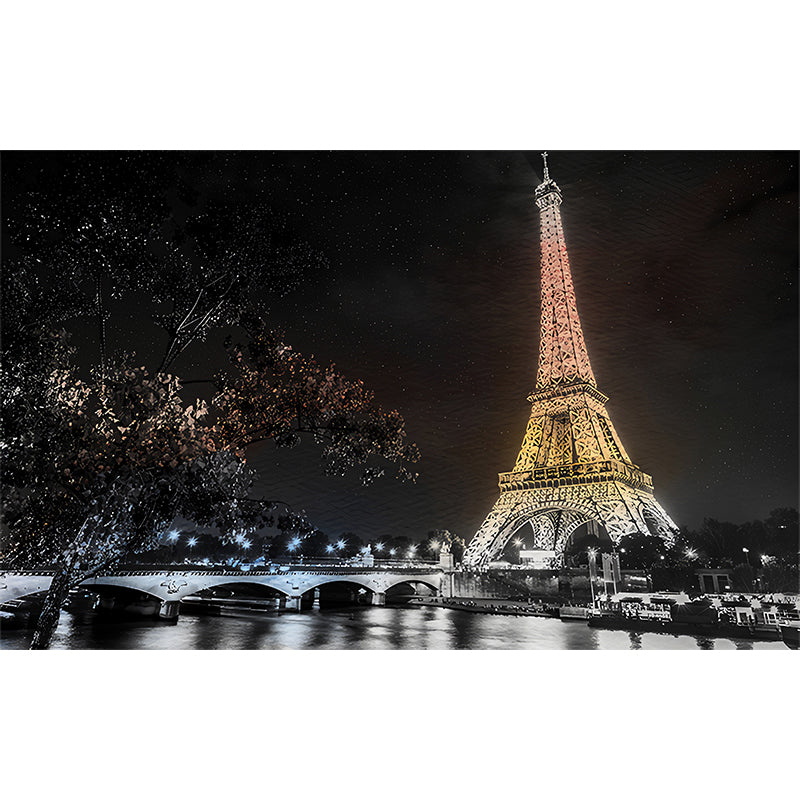 Whole Night City Wallpaper Murals for Living Room Eiffel Tower Wall Decor in Black, Stain Resistant