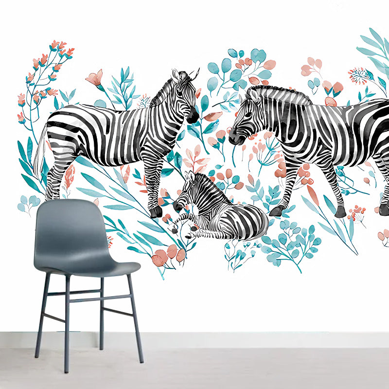 Stylish Zebra Wall Paper Murals Multicolored Flowers Wall Covering on White for Bedroom