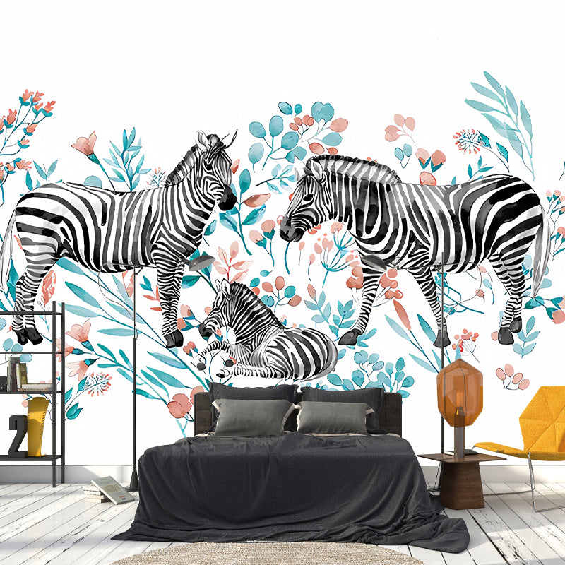 Stylish Zebra Wall Paper Murals Multicolored Flowers Wall Covering on White for Bedroom