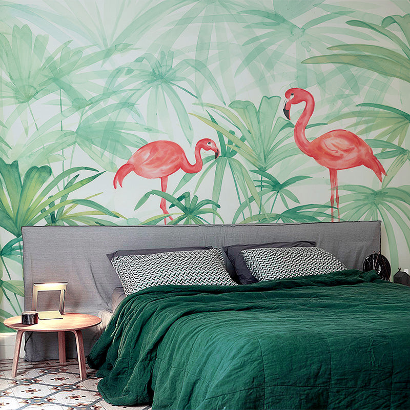 Plants Flamingo Murals Decal Tropical Non-Woven Fabric Wall Art in Green for Bedroom