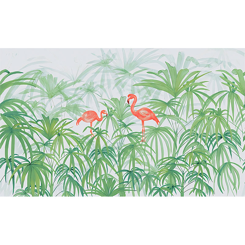 Plants Flamingo Murals Decal Tropical Non-Woven Fabric Wall Art in Green for Bedroom