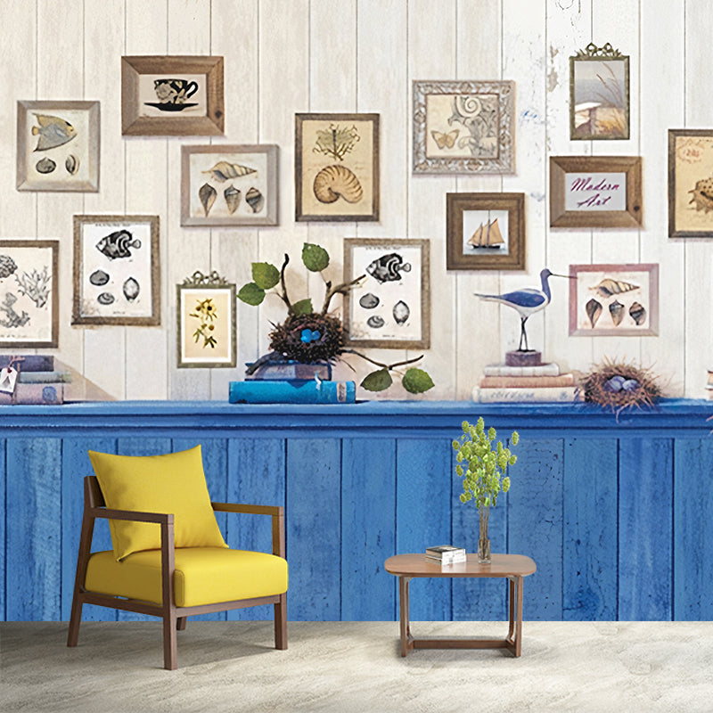 Whole Cottage Mural Wallpaper in Blue Bed Back Table and Photo Pattern Wall Covering, Custom Print