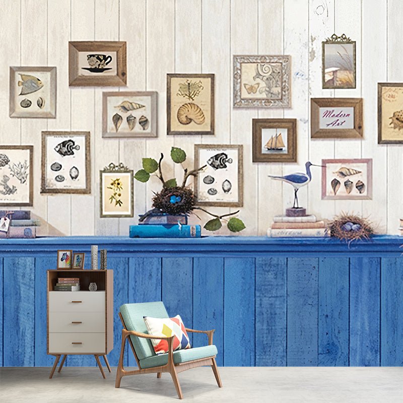 Whole Cottage Mural Wallpaper in Blue Bed Back Table and Photo Pattern Wall Covering, Custom Print