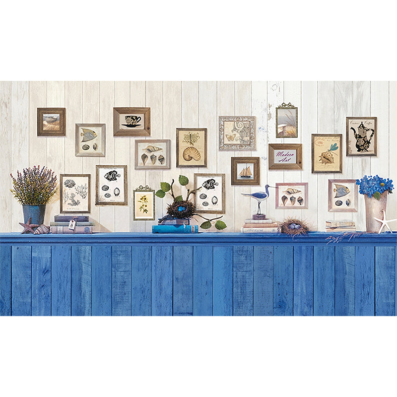 Whole Cottage Mural Wallpaper in Blue Bed Back Table and Photo Pattern Wall Covering, Custom Print