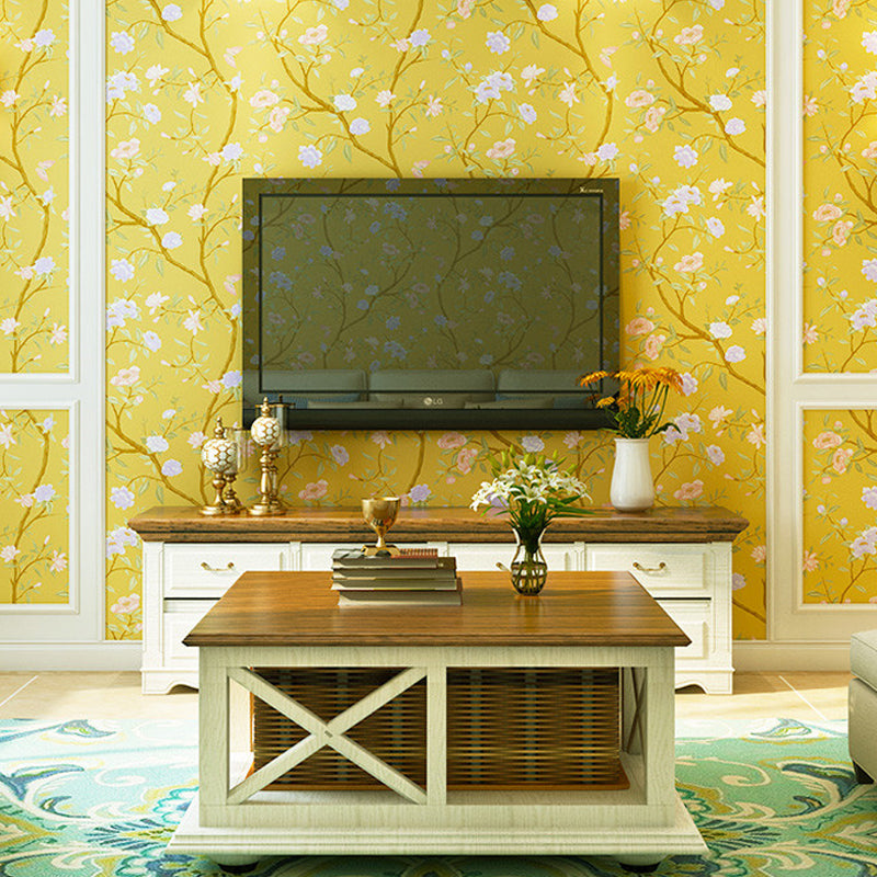 Country Peonies Wallpaper Roll Paper Moisture Resistant Bright Color Wall Covering for Living Room