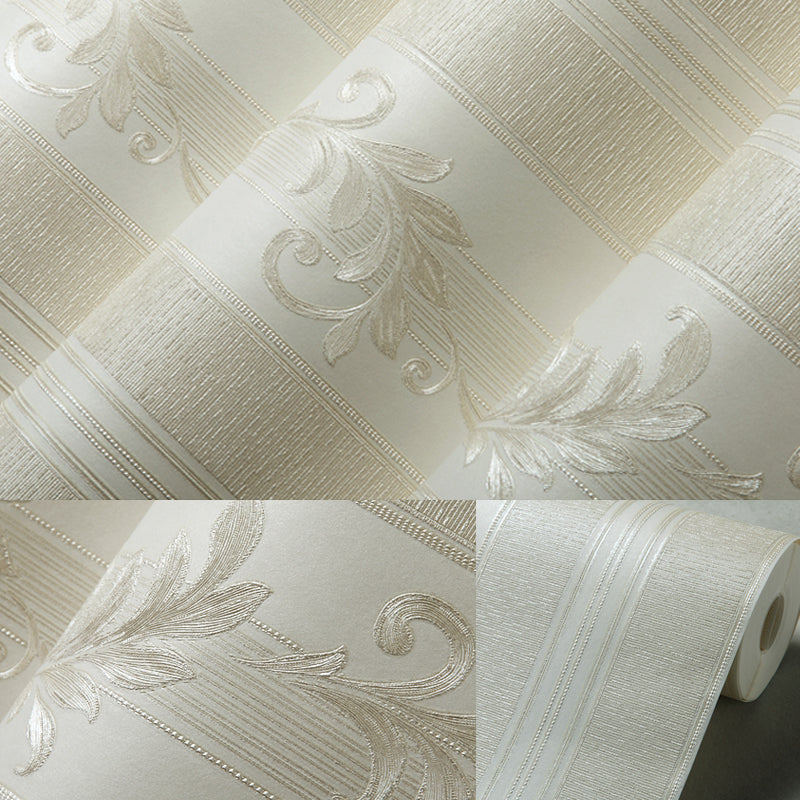 Retro Embroidered Leaf Wallpaper Roll Light-Color Stripe Wall Art for Living Room