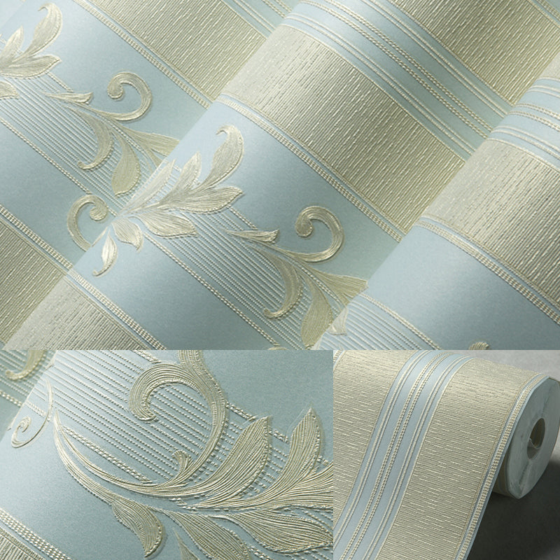 Retro Embroidered Leaf Wallpaper Roll Light-Color Stripe Wall Art for Living Room