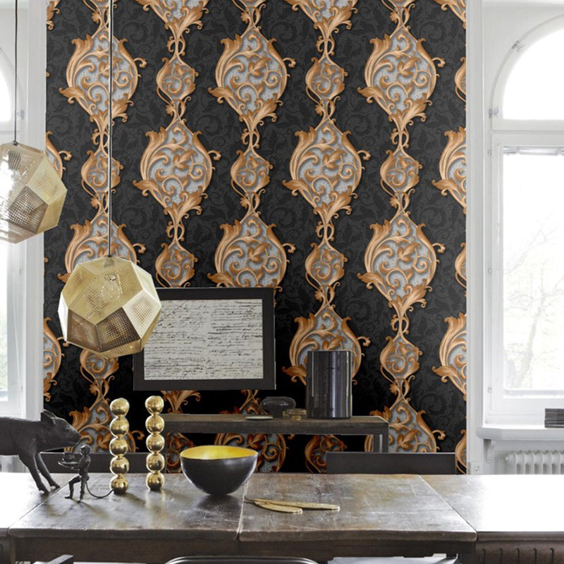 Vintage Swirl Flower String Tapete für Schlafzimmer 54,2 m² große Wanddekoration in Gold auf Schwarz
