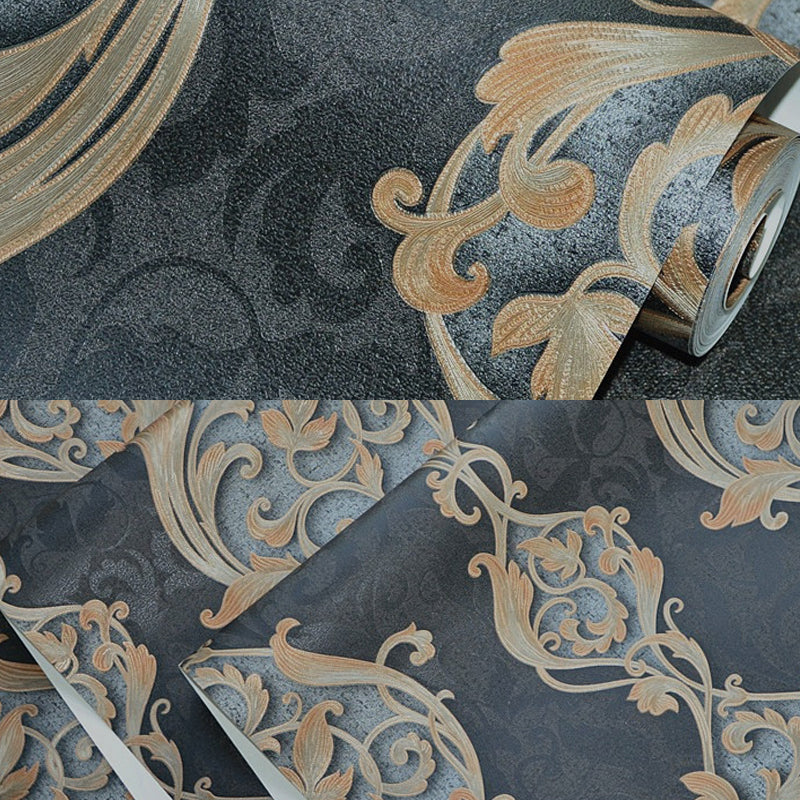 Vintage Swirl Flower String Tapete für Schlafzimmer 54,2 m² große Wanddekoration in Gold auf Schwarz