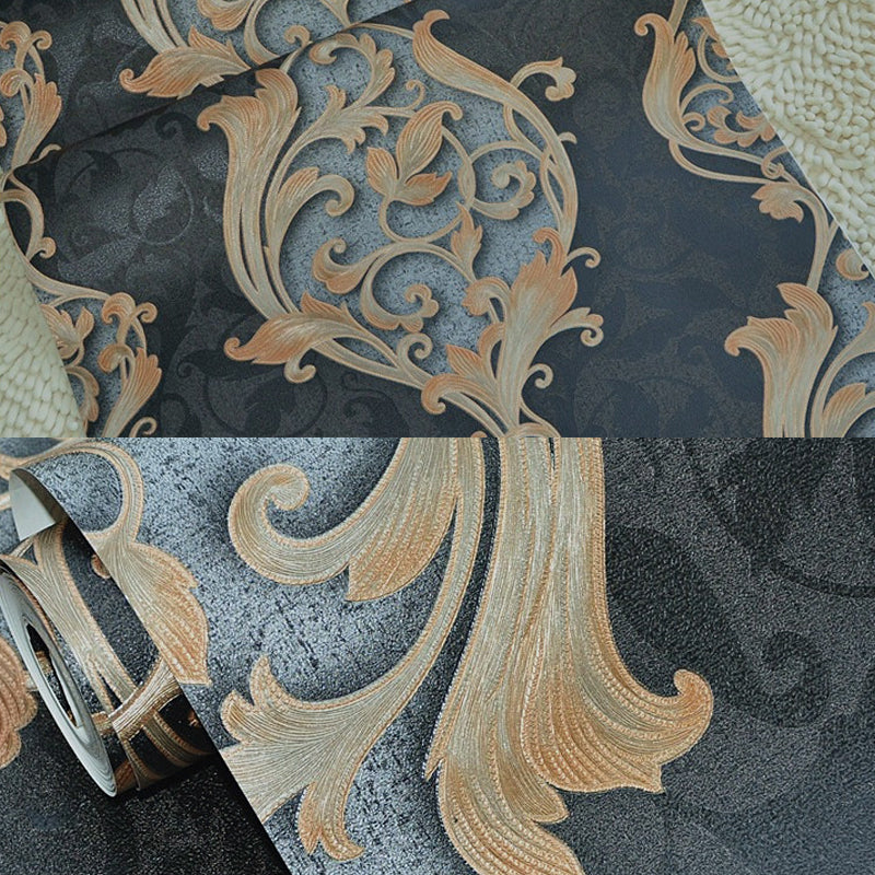Vintage Swirl Flower String Tapete für Schlafzimmer 54,2 m² große Wanddekoration in Gold auf Schwarz